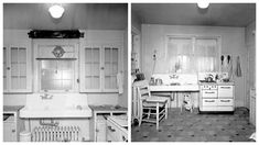 black and white photograph of kitchen with sink, stove top oven and cabinets in the same room