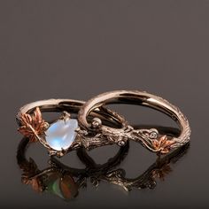 Twig and Leaf Bridal Set Moonstone Engagement Ring Maple - Etsy Nature-inspired Moonstone Wedding Ring, Nature-inspired Moonstone Wedding Jewelry, Rose Gold Moonstone Ring, Gold Moonstone Ring, Twig Engagement Ring, Twig Ring, Moonstone Engagement, Moonstone Engagement Ring, Magical Jewelry