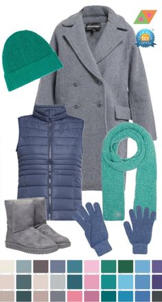 a woman's outfit and accessories including gloves, scarf, coat, hat, mittens