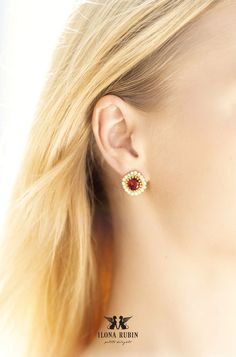 Red Gold Stud Earrings Scarlet Red Crystal Stud Earrings | Etsy Formal Red Flower Earrings For Pierced Ears, Elegant Red Single Clip-on Earring, Formal Red Cluster Earrings For Pierced Ears, Red Round Cluster Earrings For Wedding, Red Clip-on Earrings For Wedding, Elegant Red Flower Earrings For Anniversary, Red Cluster Earrings For Pierced Ears As Gift, Red Round Bridal Earrings, Red Round Clip-on Earrings For Anniversary