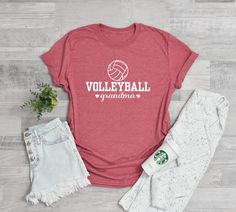 volleyball grandma t - shirt in red with white lettering on the front and back, next to ripped shorts