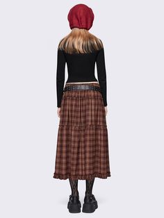 Meet 'Millie': our brown checkered tiered maxi skirt that blends cottagecore charm with grandparent core aesthetics. Find vintage-inspired, retro pieces and more ruffled skirts at Minga London! Plaid Long Skirt, Ruffled Skirts, Core Aesthetics, Long Plaid Skirt, Minga London, Brown Checkered, Tiered Maxi Skirt, Ruffle Skirt, Long Skirt