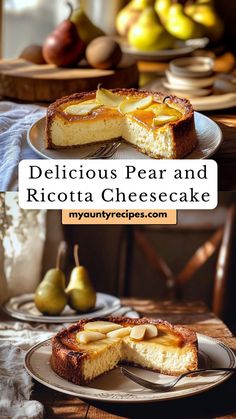 Enjoy a delicious twist on traditional cheesecake with this pear and ricotta version. Made with creamy ricotta and topped with tender, sweet pears, it’s a dessert that highlights the flavors of fall. Perfect for gatherings or a special treat, this cheesecake is both light and satisfying, making it an ideal addition to your autumn dessert collection. Pear Cheesecake Recipes, Pear Topping, Pear And Ricotta, Traditional Cheesecake, Autumn Dessert, Recipe For Fall, Ricotta Cheesecake, Graham Cracker Crumbs