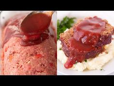 meatloaf and mashed potatoes with ketchup on top