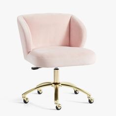 a pink office chair with gold wheels on a white background