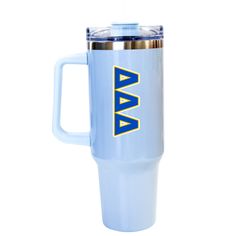 a light blue travel mug with the word ava on it and a gold rimmed lid