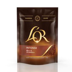 coffee bag on white background with the word intense written in gold letters and an image of beans