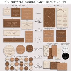 the diy editable candle label branding kit is shown in brown and white colors