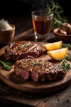 two steaks on a wooden cutting board next to some orange slices and a cup of tea