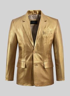 Prep up a regal solid touch with our Gold Leather Blazer to your look that has everyone's attention and keeps you comfortable throughout the day.  
 
 Glamorize your closet and transform your aura for a charming look.   Made Using Pure Napa Sheep Skin Soft Leather.  Look Includes    Gold  Leather Color  Two Button Jacket Style  Single Vent  Two Jacket Cuff Button    Click 'Customize Now' to modify the look if needed.   Made as per your measurements Designer Gold Blazer For Business, Luxury Gold Blazer For Office, Luxury Gold Blazer For Formal Occasions, Luxury Gold Evening Blazer, Classic Gold Evening Blazer, Slim Fit Coat, Sheep Skin, Button Click, Animal Coloring