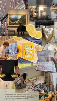 a collage of photos with people and food in the middle one has lemon slices on it