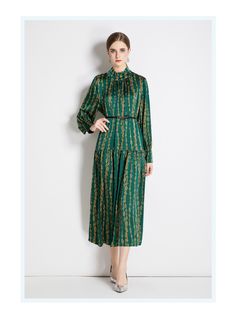 Women's Spring/Fall Belted Long Sleeve A-Line Midi Dress Fall Pleated Midi Dress, Green Long Sleeve Midi Dress For Fall, Green A-line Midi Dress For Fall, Long Sleeve Pleated Dress With Ruffles, Green A-line Long Sleeve Dress For Fall, Green Knee-length Maxi Dress For Fall, Pleated A-line Maxi Dress For Fall, Pleated A-line Dresses For Fall, Pleated Knee-length Fall Dresses