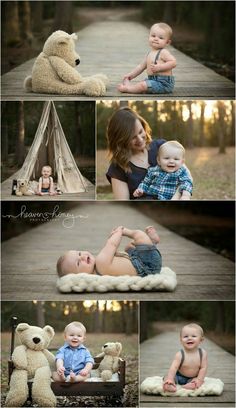 a baby and his teddy bear are posed in different poses for their family photoshoot