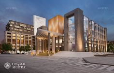 an artist's rendering of the exterior of a modern building at dusk with steps leading up to it