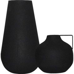 two black vases sitting next to each other on a white background, one is empty