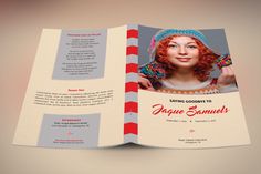 an open brochure with a woman's face on the front and side