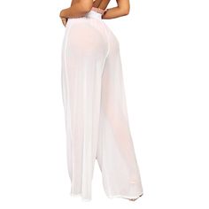 White Sheer Mesh Wide Leg Pants White High Waist Harem Pants For Vacation, White Stretch High Waist Harem Pants, Chic Solid Pants For Beach, White Full Length Wide Leg Pants For Beach, White Stretch Parachute Pants, White Beach Trousers, White Stretch Parachute Pants For Summer, White High-waisted Beach Pants, White Full Length Parachute Pants For Summer