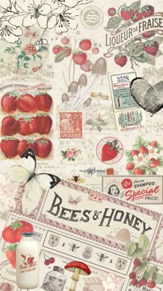 an assortment of stamps and stickers are on display in this image, with the words bees & honey written below them