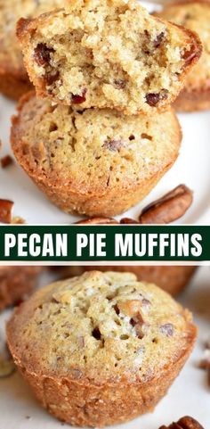 pecan pie muffins on a white plate with pecans around the edges