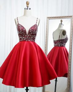 Short Red Semi Formal Occasion Dress Red Homecoming Gown, Glamorous Red Homecoming Gown, Glamorous Red Gown For Homecoming, Red Homecoming Dress With Sweetheart Neckline, Red Sweetheart Neckline Dress For Homecoming, Red Embellished Satin Evening Dress, Red Satin Embellished Evening Dress, Red Embellished Satin Dress, Red Embellished Homecoming Dress