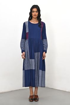 Navy handloom cotton tiered dress with striped printed patchwork, color blocked pattern, textured work, pleats and quilting inserts. - Aza Fashions Blue Patchwork Dresses For Daywear, Multicolor Cotton Patchwork Dress, Blue Cotton Patchwork Dress, Brown Cotton Patchwork Dress, Denim Blue Patchwork Knee-length Dress, Knee-length Cotton Patchwork Dress, Payal Pratap, Sanya Malhotra, Patchwork Dress