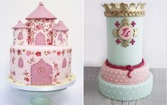 there are two cakes decorated with pink and blue icing, one has a princess's castle on it