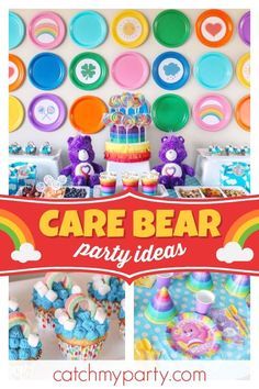 care bear birthday party with cupcakes and decorations