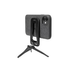 the phone holder is attached to a tripod with an adjustable clip on it's side