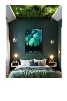 a bedroom with green walls and a painting on the wall above the bed that has lights hanging from it