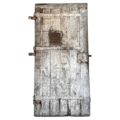 an old wooden door is open on a white background