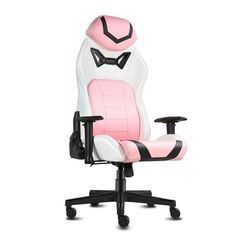 a pink and white office chair with a bow tie on the headrest, sitting in front of a white background