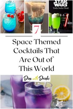 Collage of 4 space themed cocktails. Solar Eclipse Alcohol Drinks, Space Themed Alcoholic Drinks, Galaxy Dinner Party, Space Drinks Alcohol, Alien Themed Cocktails, Space Themed Mocktails, Galaxy Drinks Cocktails, Eclipse Drink Ideas, Food For Space Theme Party