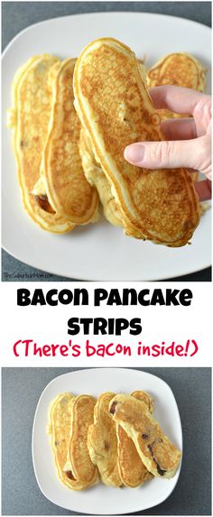 bacon pancakes are stacked on top of each other with the words bacon pancakes strips above them