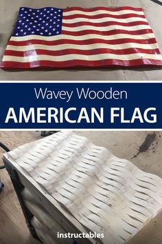 an american flag made out of wood with the words wavey wooden american flag on it