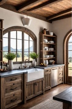 Rustic kitchen design with farmhouse sink and wooden cabinets Oak Cabinet Kitchen Farmhouse, Kitchen Cabinets Old Style, Cozy Kitchen Wood Cabinets, Kitchen Sink Dresser Ideas, Rustic Farmhouse Cabinets, Rustic Wooden Kitchen Cabinets, Rustic Kitchen Hood, Tuscany Inspired Kitchen, Rustic Brown Kitchen Cabinets