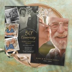 an old man and woman are kissing in front of the 50th anniversary party card with photos on it