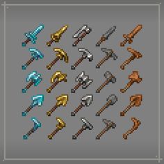 an image of different types of hammers and axes in pixel art style, on a gray background