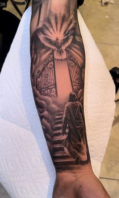 God Tattoos Sleeve, Jesus Tattoos Men, 7 Days Of Creation Tattoo, Jesus Forearm Tattoo Men, Men Tattoo Ideas Sleeve Inspiration, Sleeve Tattoos God, Tattoo For Lost Brother, God Tattoo Ideas For Men, Sleeve Tattoos For Guys Ideas Unique