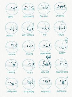 an image of cartoon faces drawn in blue ink on white paper with the words happy and different