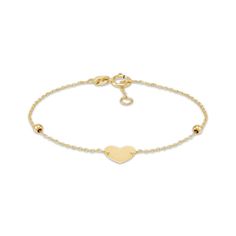 Your little one will love to show off this sweetly styled heart bracelet. Crafted in 14K yellow gold A solid 7.2 x 8.2mm polished heart centers the design Two beads shine along the semi-solid cable chain The adjustable 6-inch bracelet secures with a spring ring clasp Made in Italy Adjustable Classic Heart Bracelet For Valentine's Day, Classic Adjustable Heart Bracelet For Valentine's Day, Adjustable Yellow Gold Heart Bracelet, Classic Yellow Gold Adjustable Heart Bracelet, Classic Adjustable Yellow Gold Heart Bracelet, Yellow Gold Heart Cut Bracelet For Valentine's Day, Heart-shaped Yellow Gold Bracelet For Mother's Day, Yellow Gold Bracelets With Heart Charm, Yellow Gold Bracelet With Heart Charm