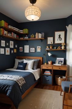 a bedroom with blue walls and wooden furniture