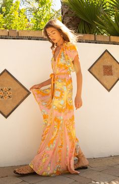 Fitted Bohemian Maxi Dress With Tie Waist, Bohemian Orange Maxi Dress With Ruffles, Summer 2023, Tie Belt, Raglan Sleeve, Spring Summer, Maxi Dress, Skirt