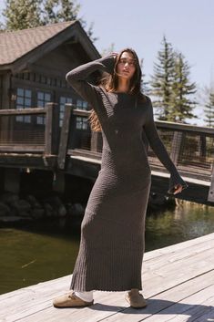 Grove Ribbed Maxi Dress in Charcoal Maternity Knit Dress, Maxi Dress With Boots, Long Sleeve Fitted Maxi Dress, Knitted Dress Outfit, Chinese Fancy Dress, Maxi Dress Winter, Ribbed Maxi Dress, Long Bell Sleeves, Sweater Maxi Dress