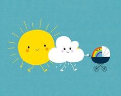 an image of a baby carriage with sun and cloud on the side, next to a rainbow