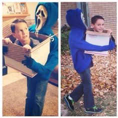 two pictures one with a boy in a box and the other with a skeleton mask