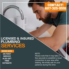 a man fixing a faucet in a kitchen sink with the words, license & insured plumbing services