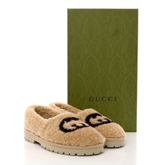 These Are Authentic Gucci Shearling Interlocking G Womens Elea Lug Sole Loafers Size 38.5 In Butterscotch, Cocoa, And Beige. These Loafers Are Crafted Of Wool In Beige And Feature A Dark Brown Interlocking Gg Logo On The Front. Pink Gucci Slides, Gucci Princetown Slipper, Gucci Slippers, Gucci Slides, Shoes Gucci, Loafer Slippers, Slides Women, Gg Logo, Leather Slides