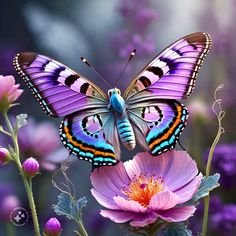 a butterfly sitting on top of a pink flower