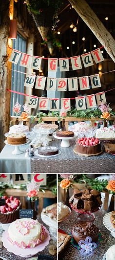 a collage of photos with cake, flowers and bunting