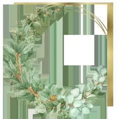 a watercolor wreath with green leaves and gold glitters